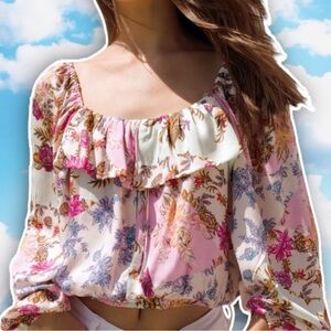 ADELYN RAE Abbie Patchwork Floral Balloon Sleeve Ruffle Peasant Blouse Prairie